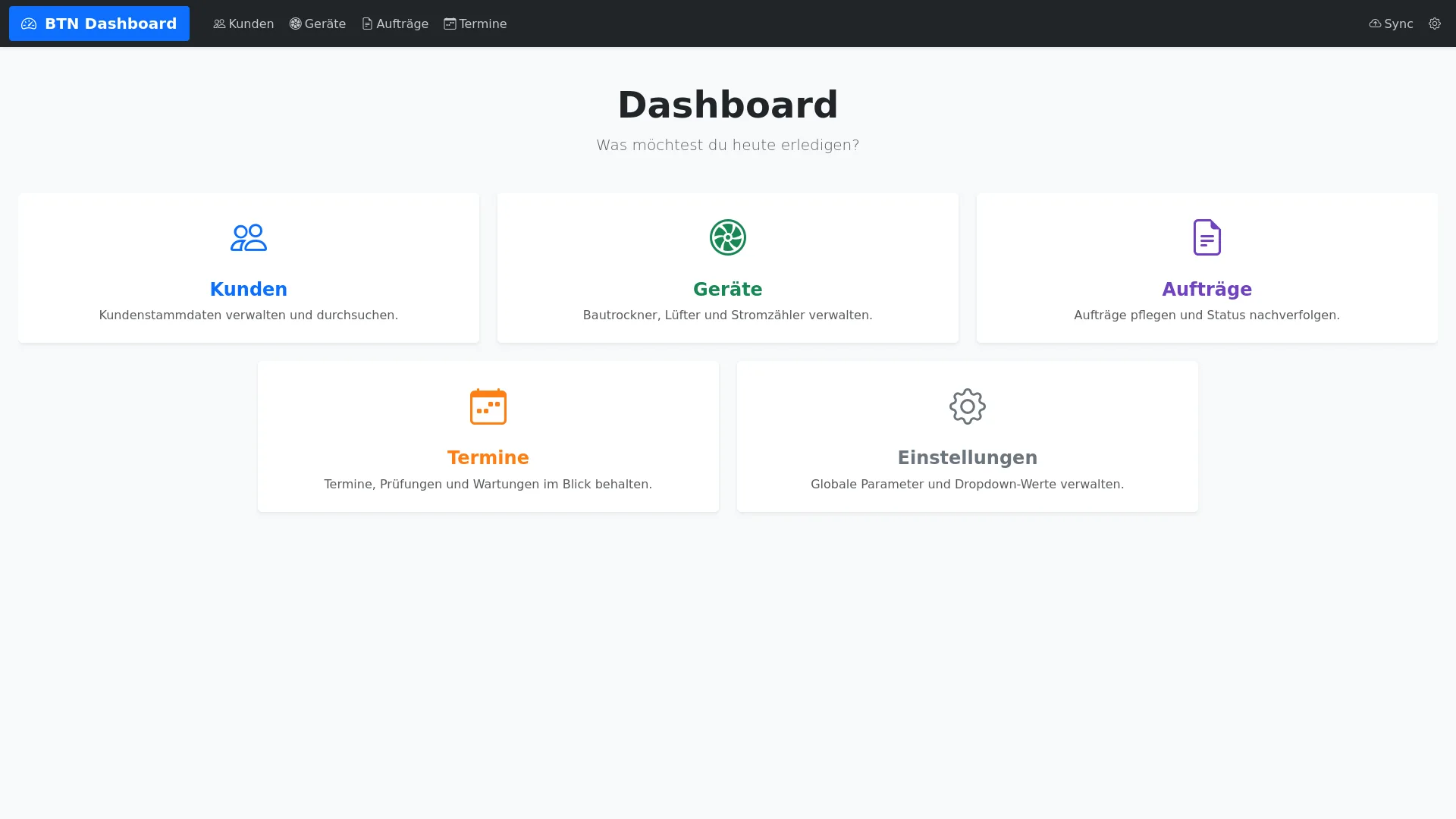 BTN-Dashboard mit Bereichen für Kunden, Geräte, Aufträge und Termine